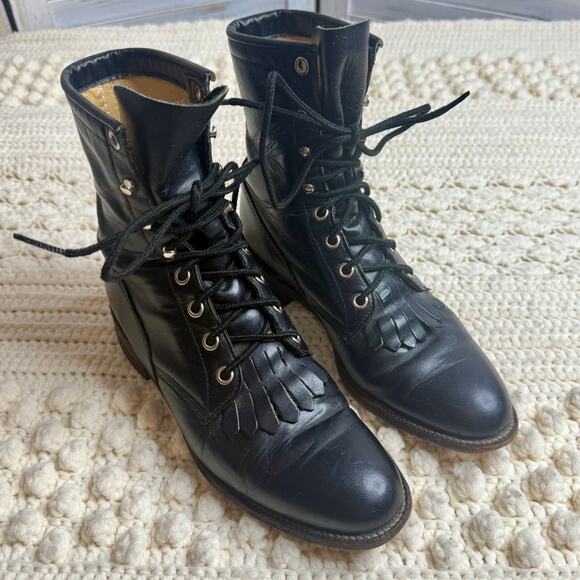 JUSTIN Boot Women's 6.5 Lace Up Roper Kiltie Boot Black Steampunk Cowgirl Combat - Picture 12 of 14